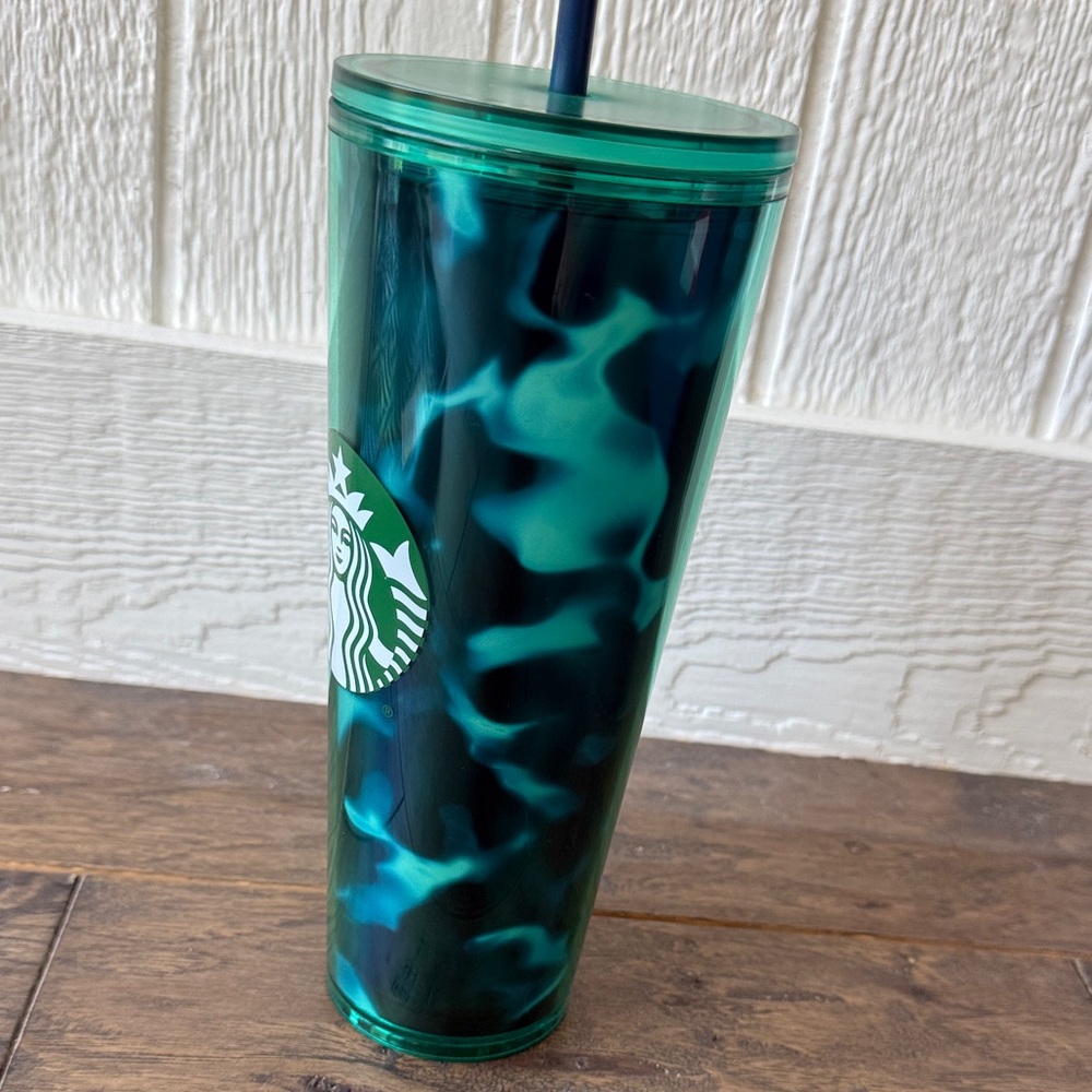 Starbucks Blue Green Teal tortoise tie dye watercolor 24 oz Tumbler with Straw - Picture 6 of 11